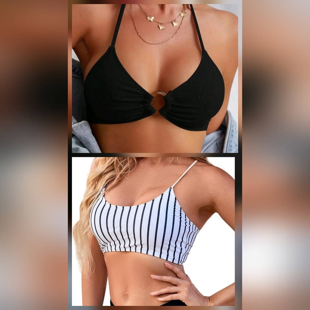 2pc Black White Striped Bikini Top Size XL Xlarge Swimsuit Swimwear Beach Bra